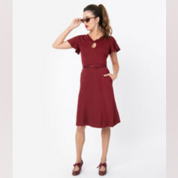 Voodoo Vixen 1950s Burgundy Red Twist Keyhole Swing Dress Sz L NWOT - Picture 2 of 4